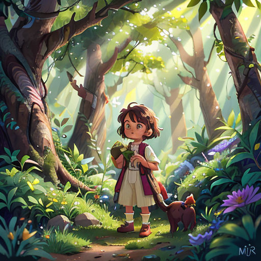 a girl in a forest with a dog and a backpack on a path to a forest with lots of trees