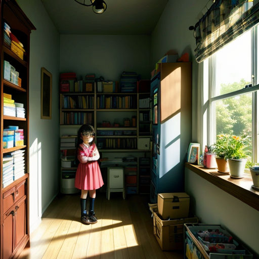 a little girl standing in a room with a window and a book shelf full of books and a lamp