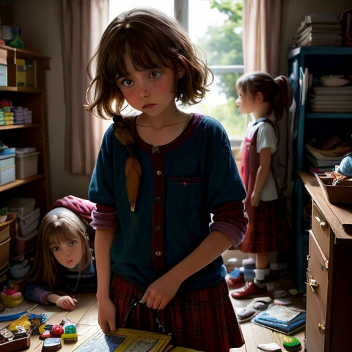 a young girl standing in a room with other children around her and a book on the floor with a book open