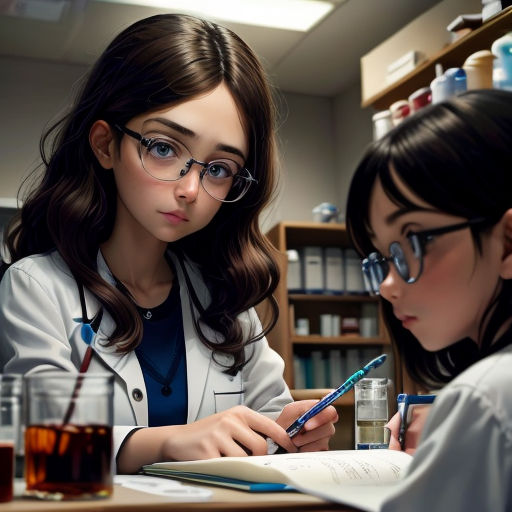 two girls in lab coats writing on a book and drinking tea and drinking tea in glasses and reading a book