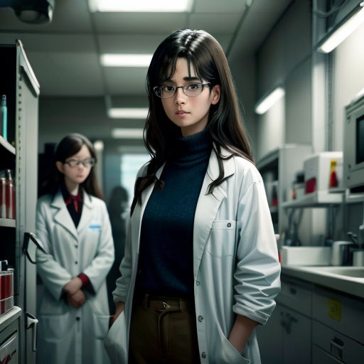 two women in lab coats standing in a laboratory area with shelves of laboratory equipment and a sink behind them