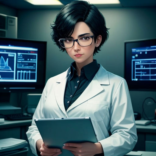 a woman in a lab coat holding a tablet in front of two monitors and a keyboard in front of her