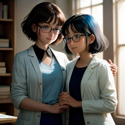 two women standing next to each other in front of a window with bookshelves behind them and a bookcase behind them