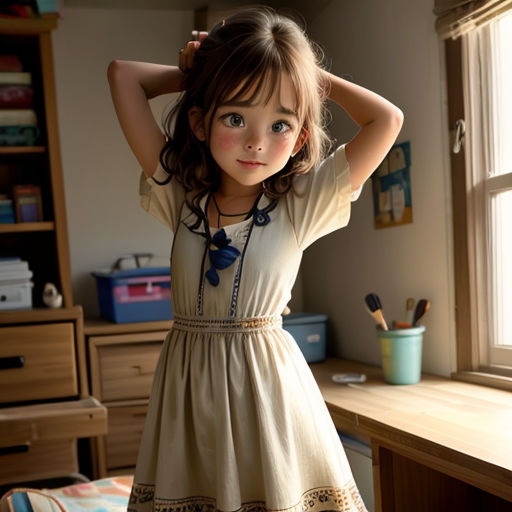 a little girl standing in a room with a desk and a window in the background with a bookcase