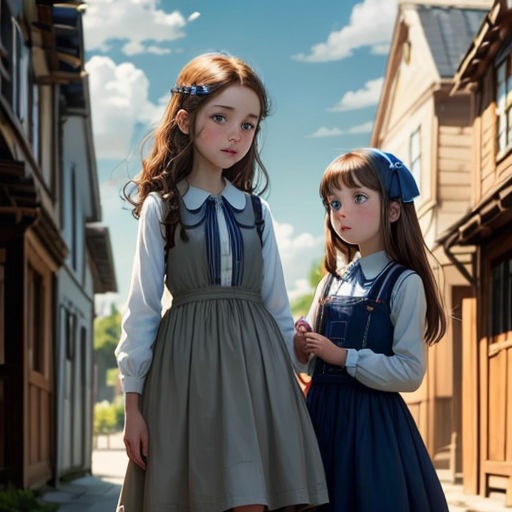 two young girls standing next to each other on a street corner in front of a building with a sky background