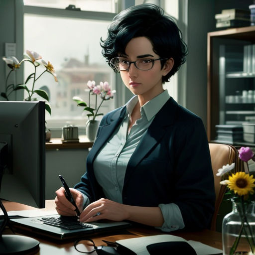 a woman sitting at a desk with a computer and a pen in her hand and a vase of flowers in front of her