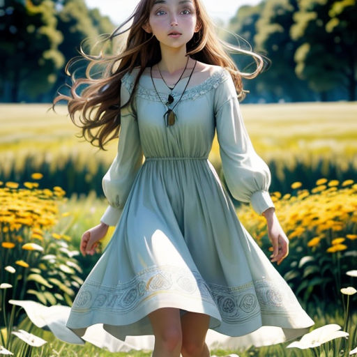 a woman in a dress walking through a field of flowers with long hair in the wind photo by a photographer