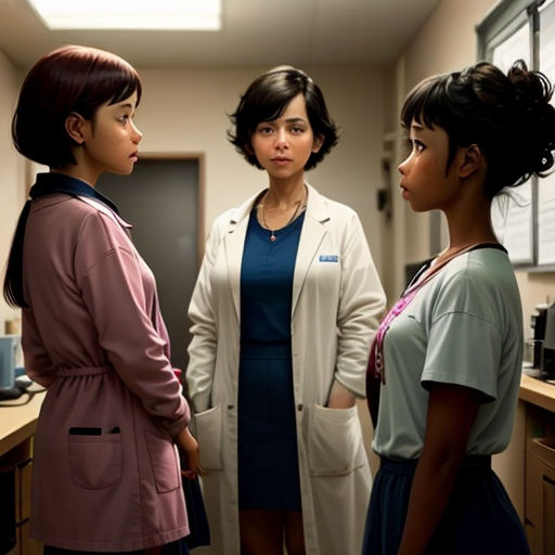 three women standing in a room talking to each other and one woman in a blue dress is standing in front of a counter