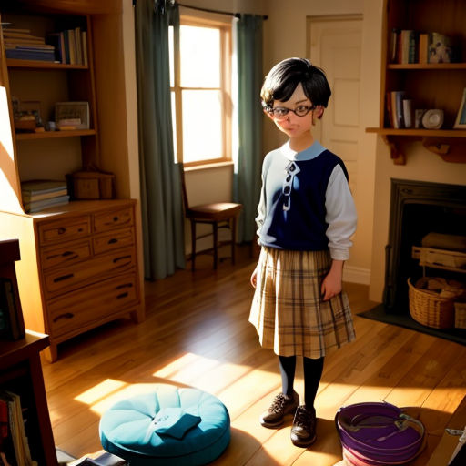 a young girl standing in a living room next to a fire place and a chair and a dog bed
