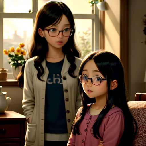 a woman and a girl standing in a living room together, both wearing glasses and a sweater, both looking at the camera