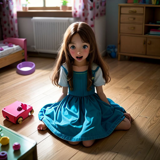 a little girl sitting on the floor in a room with toys and a window in the background, with a toy car on the floor