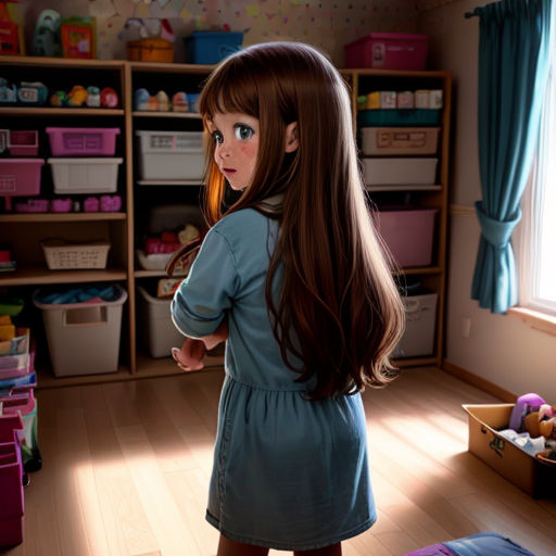 a girl in a room with a lot of toys and a window with curtains and curtains on it, looking at a bed