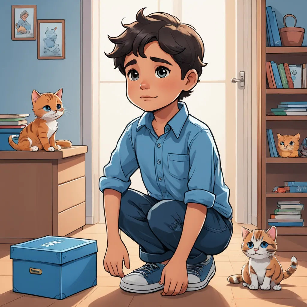 a boy sitting on the floor with a cat and a box in front of him and a cat sitting on the floor, sots art, a character portrait, Cedric Seaut (Keos Masons), character portrait