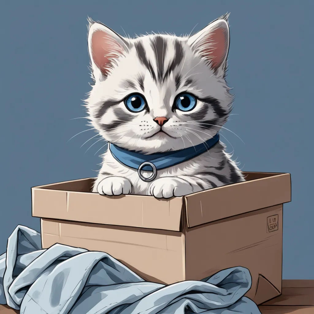 a kitten sitting in a box with a blue collar on it's neck and looking out from it, digital art, a detailed drawing, andrey ryabovichev, cute and funny