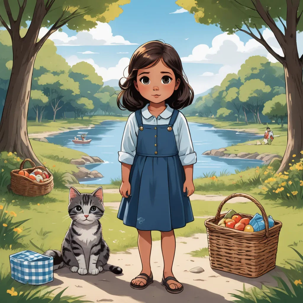a little girl standing next to a cat in a park with a basket of fruit and a picnic basket, sots art, a storybook illustration, Alice Prin, storybook illustration