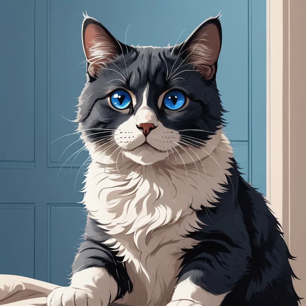 a black and white cat with blue eyes sitting on a bed looking at the camera with a blue door in the background, furry art, a character portrait, Felix Octavius Carr Darley, ultra realistic illustration