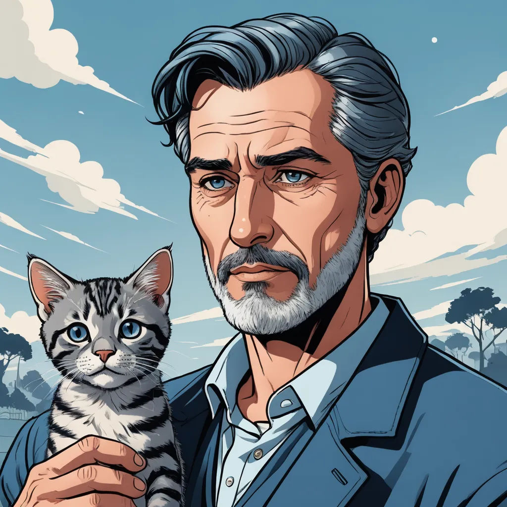 a man holding a kitten in his hand with a sky background behind him and clouds in the sky above, furry art, a character portrait, Carlos Catasse, character portrait