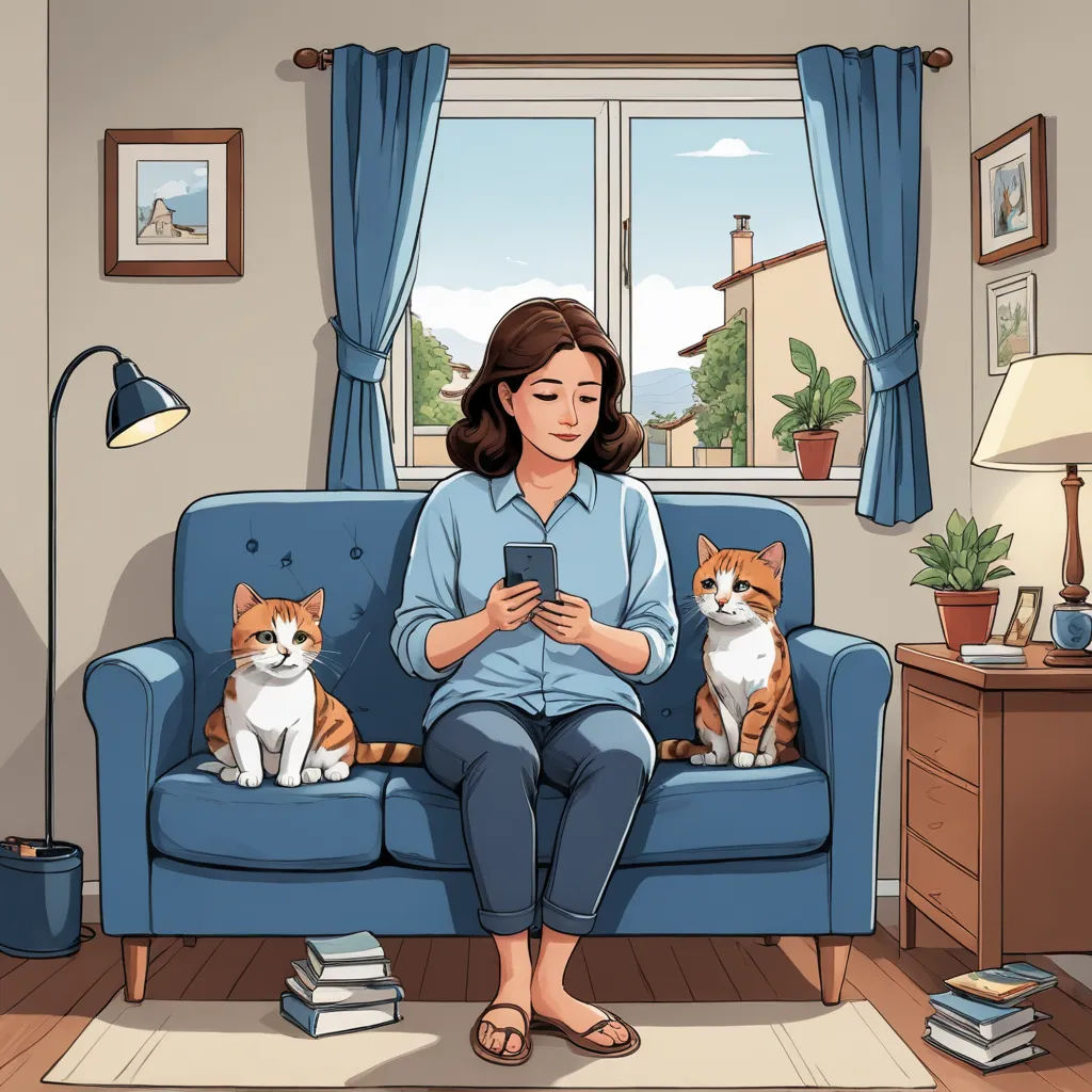 a woman sitting on a couch with two cats on her lap looking at a cell phone in front of her, art & language, a storybook illustration, Colin Middleton, storybook illustration