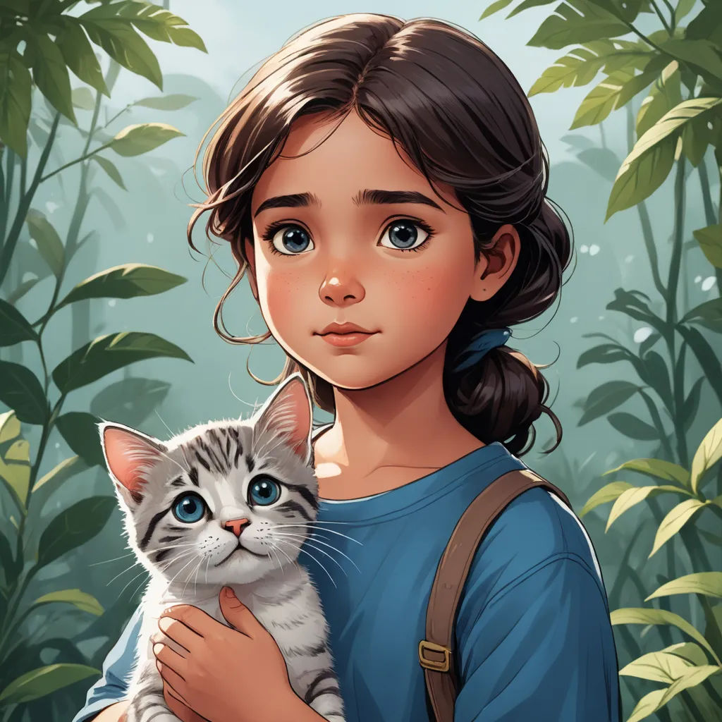 a girl holding a cat in a jungle setting with a blue sky background and green leaves on the trees, fantasy art, a storybook illustration, Artgerm, trending on art station