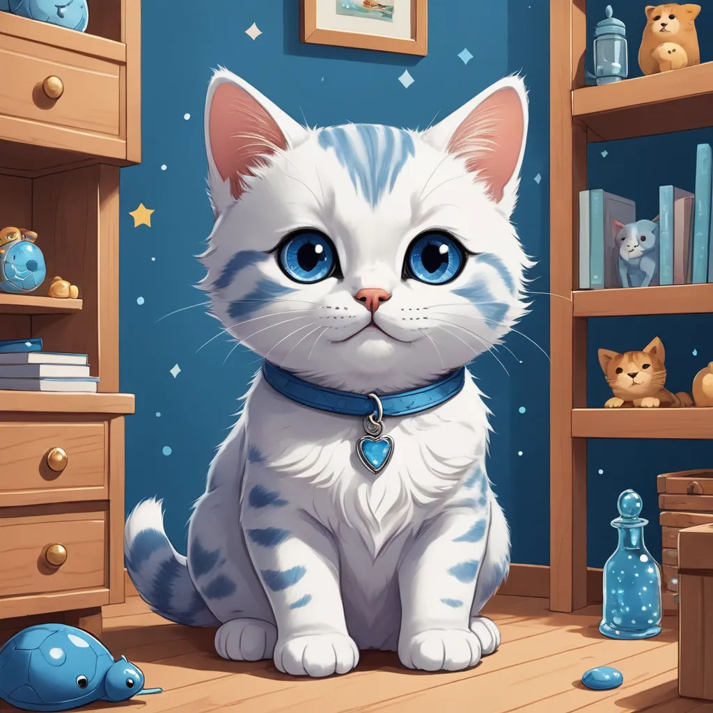 a white cat with blue eyes sitting on a wooden floor in a room with a bookcase and a cat toy, sots art, a storybook illustration, Chris LaBrooy, trending on art station