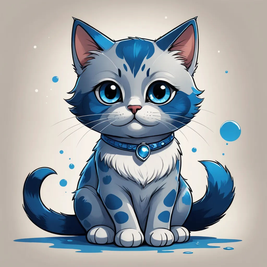 a cartoon cat with blue eyes and a collar sitting down on the ground with bubbles around it's neck, furry art, a detailed drawing, An Gyeon, blue