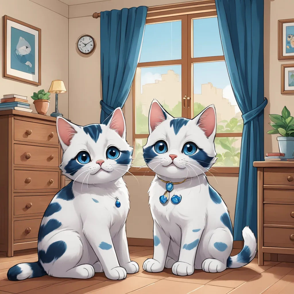 a couple of cats sitting next to each other on a floor near a window with blue curtains and a clock, sots art, computer graphics, Brothers Hildebrandt, official art