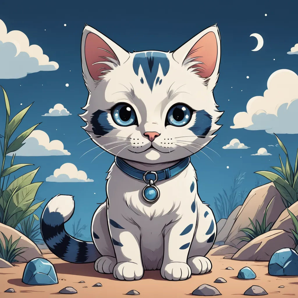 a cat sitting on a rock in the desert with a sky background and clouds in the background, with a moon and stars above, sots art, a character portrait, David Martin, game art