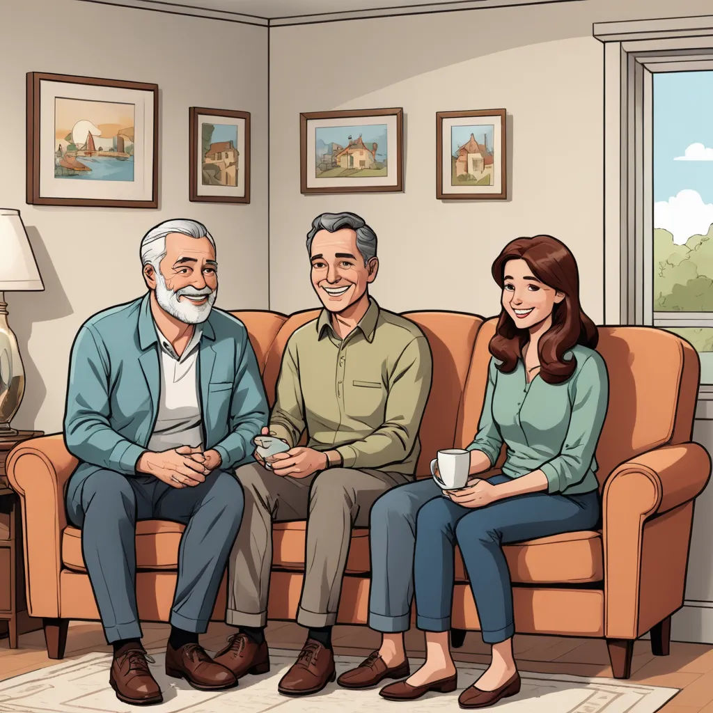 a family sitting on a couch in a living room with a coffee cup in their hands and a smiling man in the middle, american scene painting, a storybook illustration, Dan Scott, storybook illustration