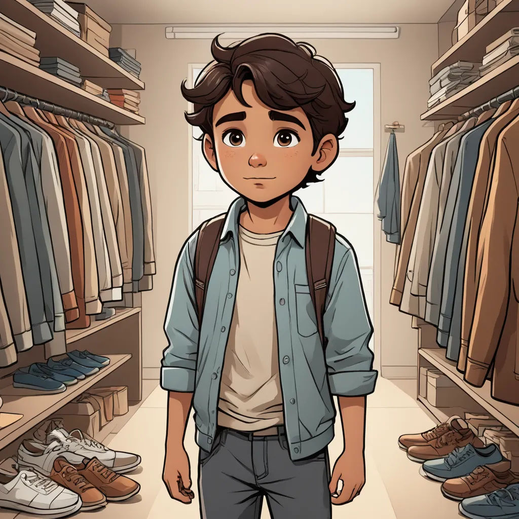 a cartoon boy standing in a closet with a backpack on his back and shoes on the floor in front of him, sots art, a character portrait, Everett Warner, character portrait