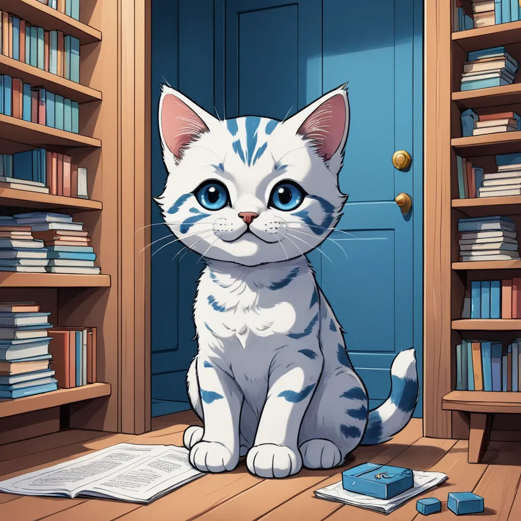 a cat sitting on the floor in front of a bookcase with books on it and a phone on the floor, sots art, a character portrait, Cedric Seaut (Keos Masons), official art