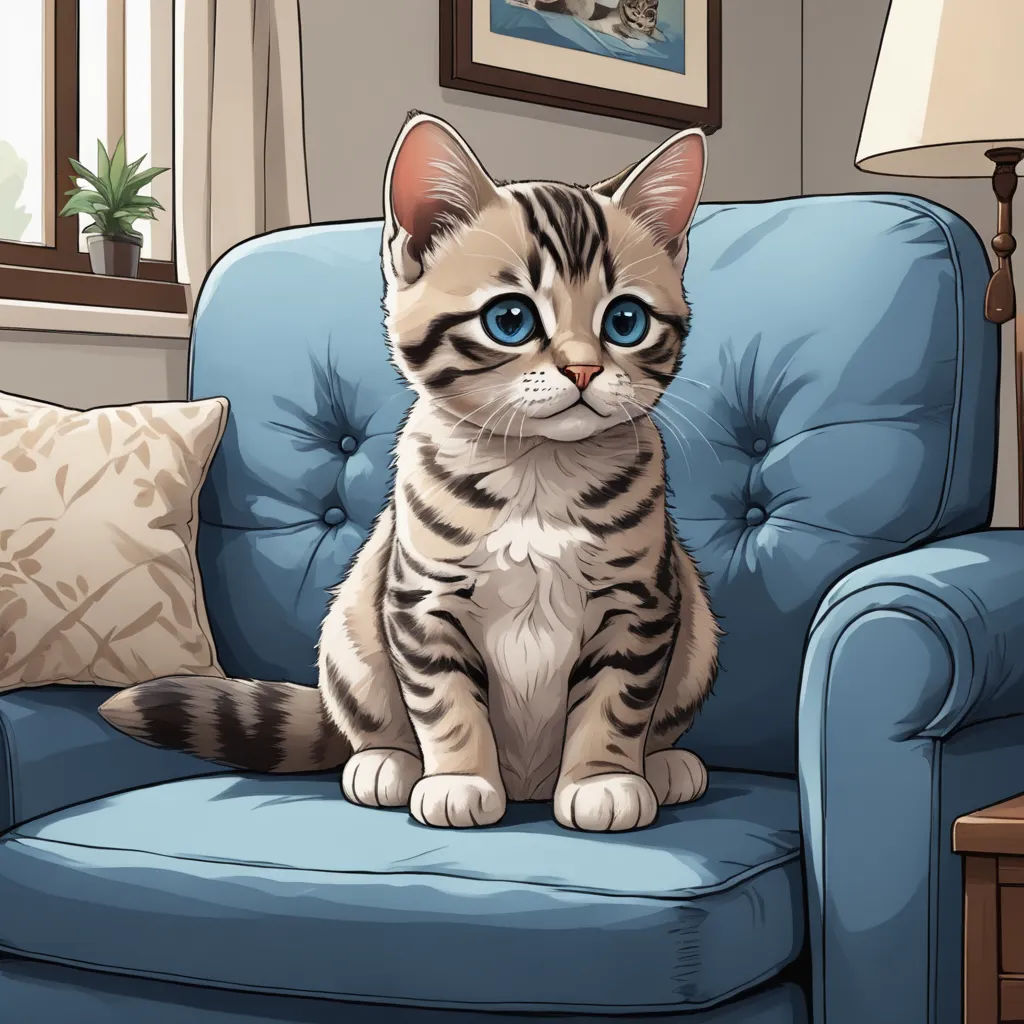 a cat sitting on a blue chair with a pillow on it's back and a lamp on the side, sots art, a character portrait, Felix Octavius Carr Darley, official art