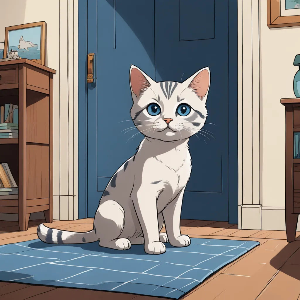 a cat sitting on a rug in front of a blue door with a blue rug on the floor and a blue door, sots art, a character portrait, Felix Octavius Carr Darley, official art