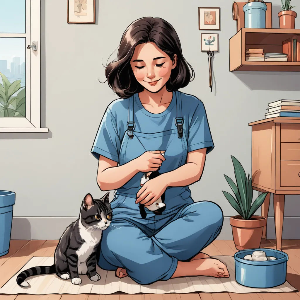 a woman in a blue shirt is sitting on the floor with a cat and a potted plant in the background, furry art, a storybook illustration, Atey Ghailan, storybook illustration