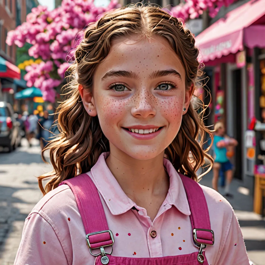 a girl with freckles and a pink shirt and pink overalls on a street corner with pink trees, american barbizon school, a character portrait, Brigette Barrager, summer vibrancy