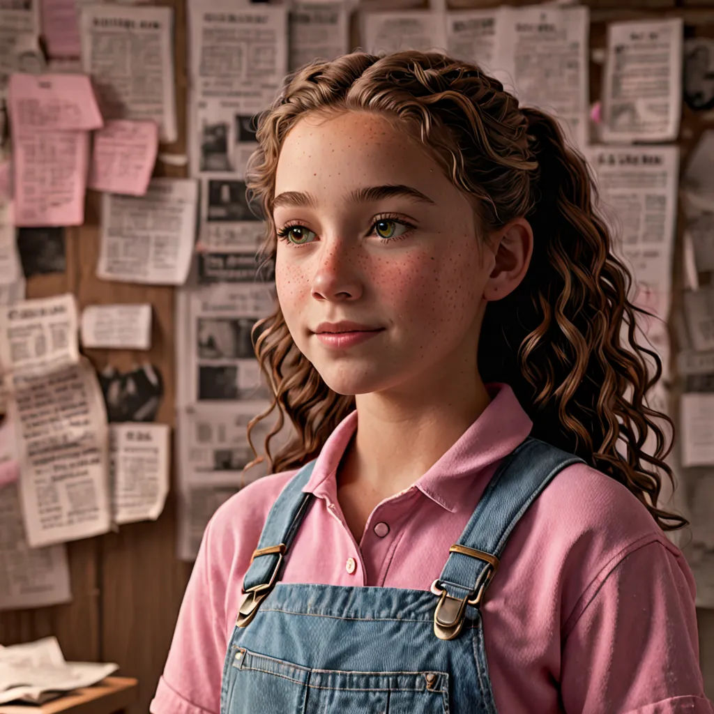a young girl with curly hair and a pink shirt is standing in front of a wall covered with papers, hyperrealism, a character portrait, Brigette Barrager, promotional image
