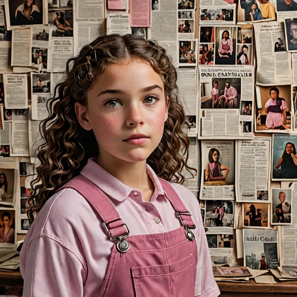 a young girl standing in front of a wall of photos and papers with a surprised look on her face, serial art, a character portrait, Anne Said, promotional image