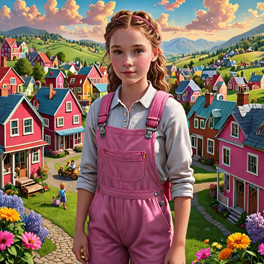 a girl in overalls standing in front of a colorful village with flowers and a bird on the roof, naive art, a detailed matte painting, Bob Byerley, highly detailed digital painting