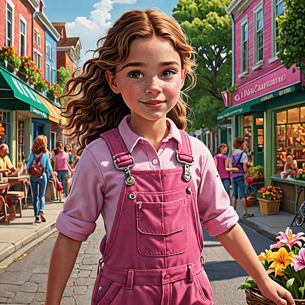 a girl in a pink shirt and pink overalls holding a basket of flowers on a city street with people walking by, american scene painting, a storybook illustration, Bob Byerley, highly detailed digital painting