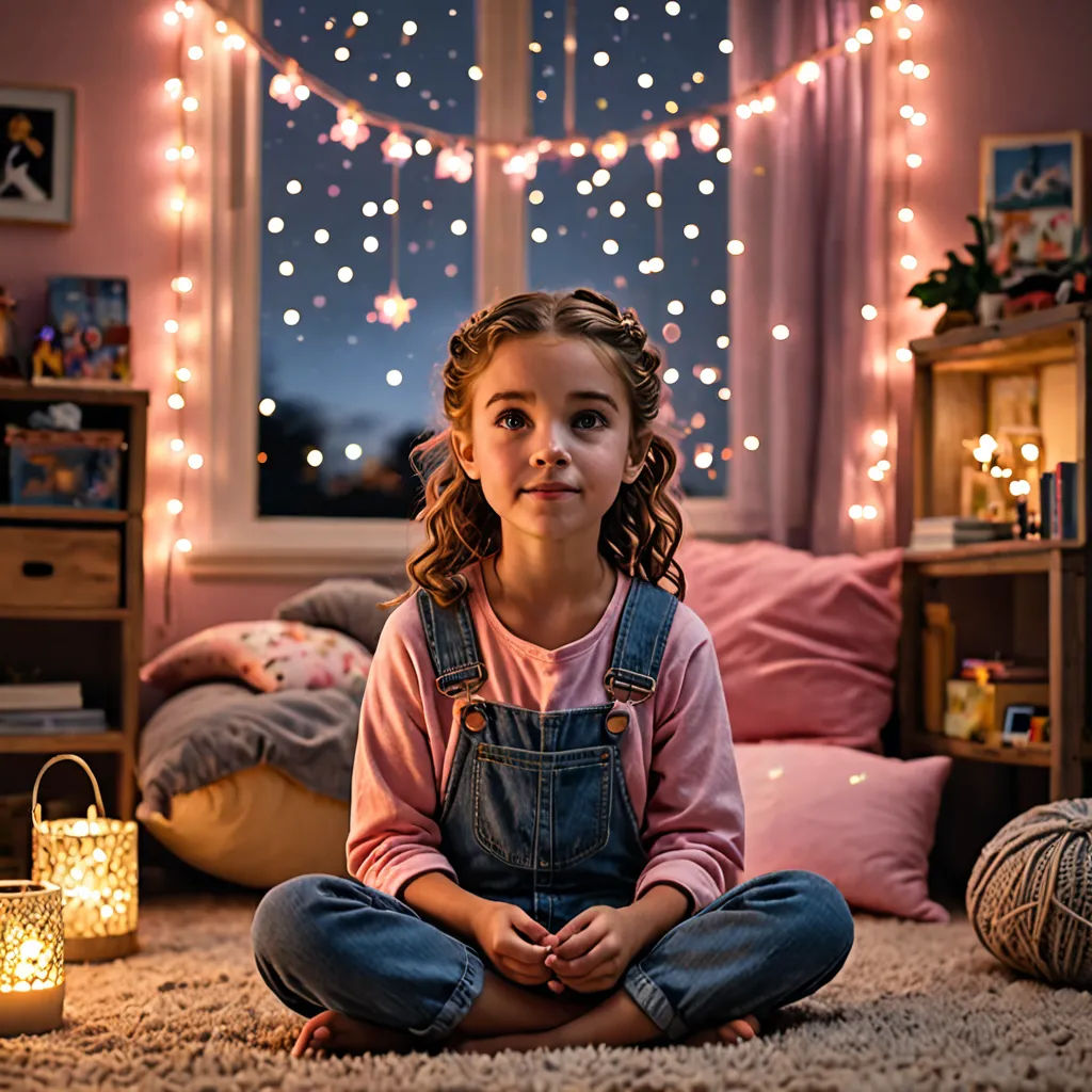 a girl sitting on the floor in front of a window with a string of lights hanging above her head, video art, a storybook illustration, Claire Dalby, beautiful cinematic light
