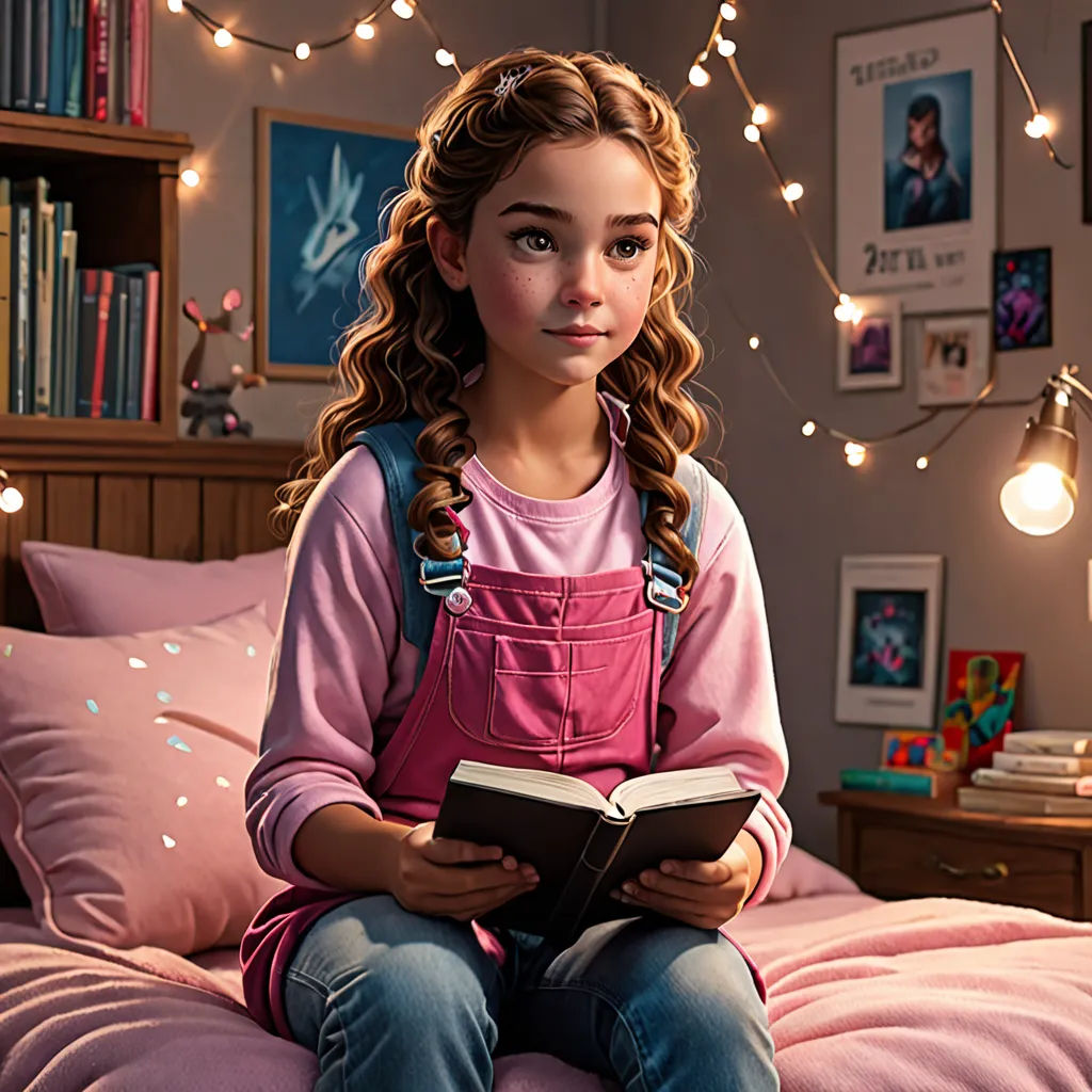 a girl sitting on a bed reading a book with a string of lights hanging above her head and a bookcase behind her, photorealism, a storybook illustration, Chris LaBrooy, cgstudio