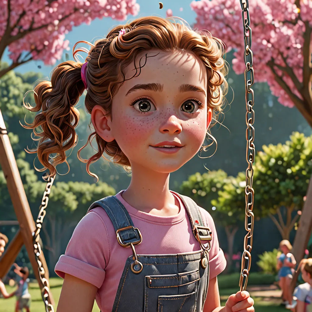 a girl with curly hair and a pink shirt on a swing in a park with cherry trees in the background, photorealism, a storybook illustration, Alejandro Burdisio, cgstudio