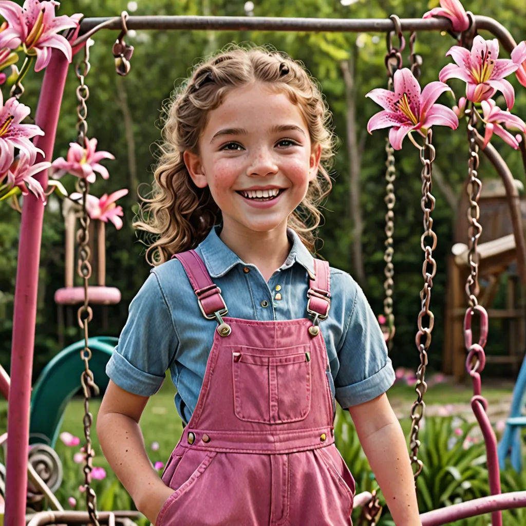a little girl standing on a swing with flowers on it's back and smiling at the camera,, arts and crafts movement, a stock photo, Annabel Kidston, promotional image