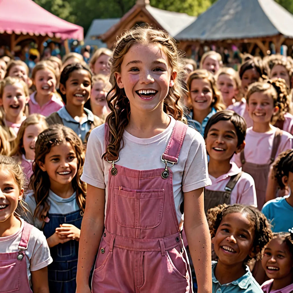 a group of children standing next to each other in front of a tent with a girl in a pink overalls, kitsch movement, a renaissance painting, Anne Said, promotional image