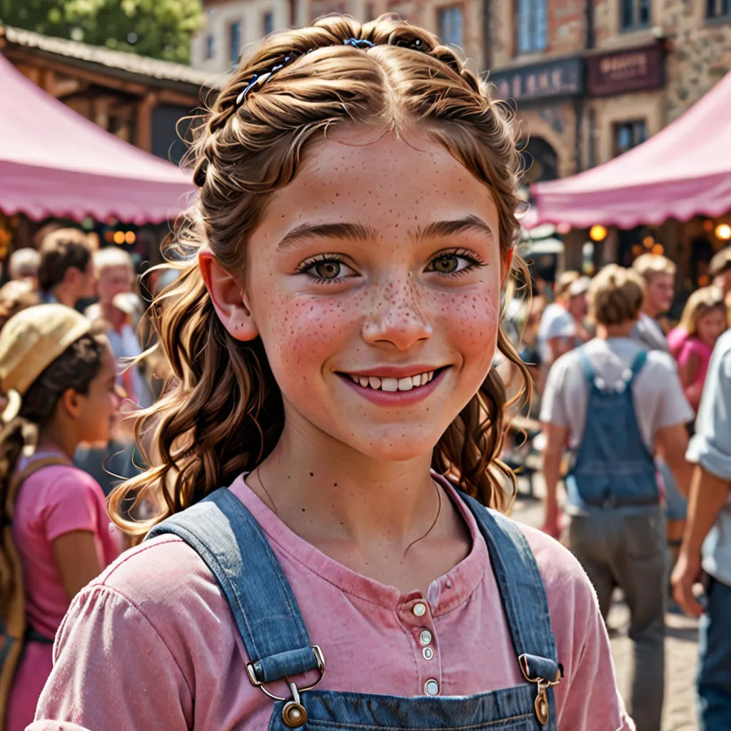 a girl with freckles and a pink shirt is smiling at the camera in front of a crowd of people, rococo, a character portrait, Celia Fiennes, promotional image