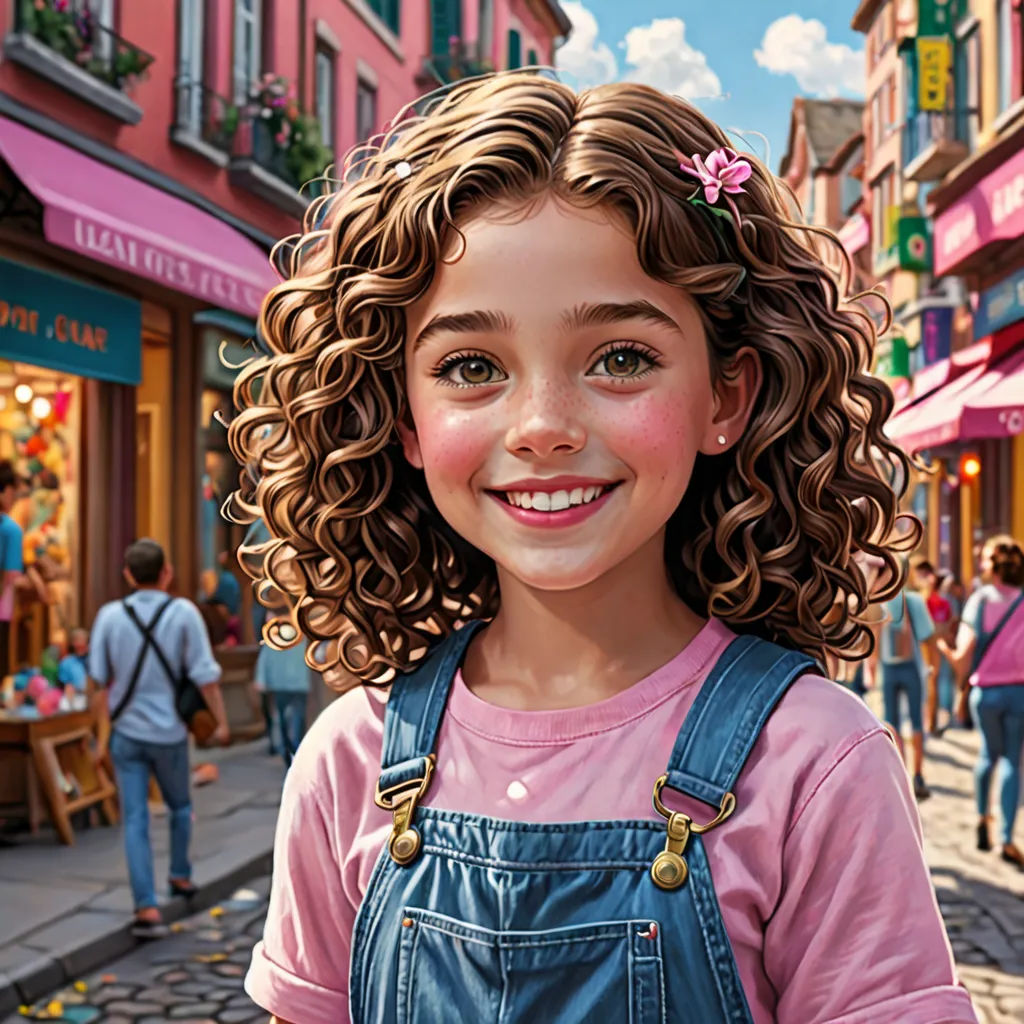 a painting of a girl with curly hair and a pink shirt on a street corner with people walking by, photorealism, a photorealistic painting, Bob Byerley, highly detailed digital painting