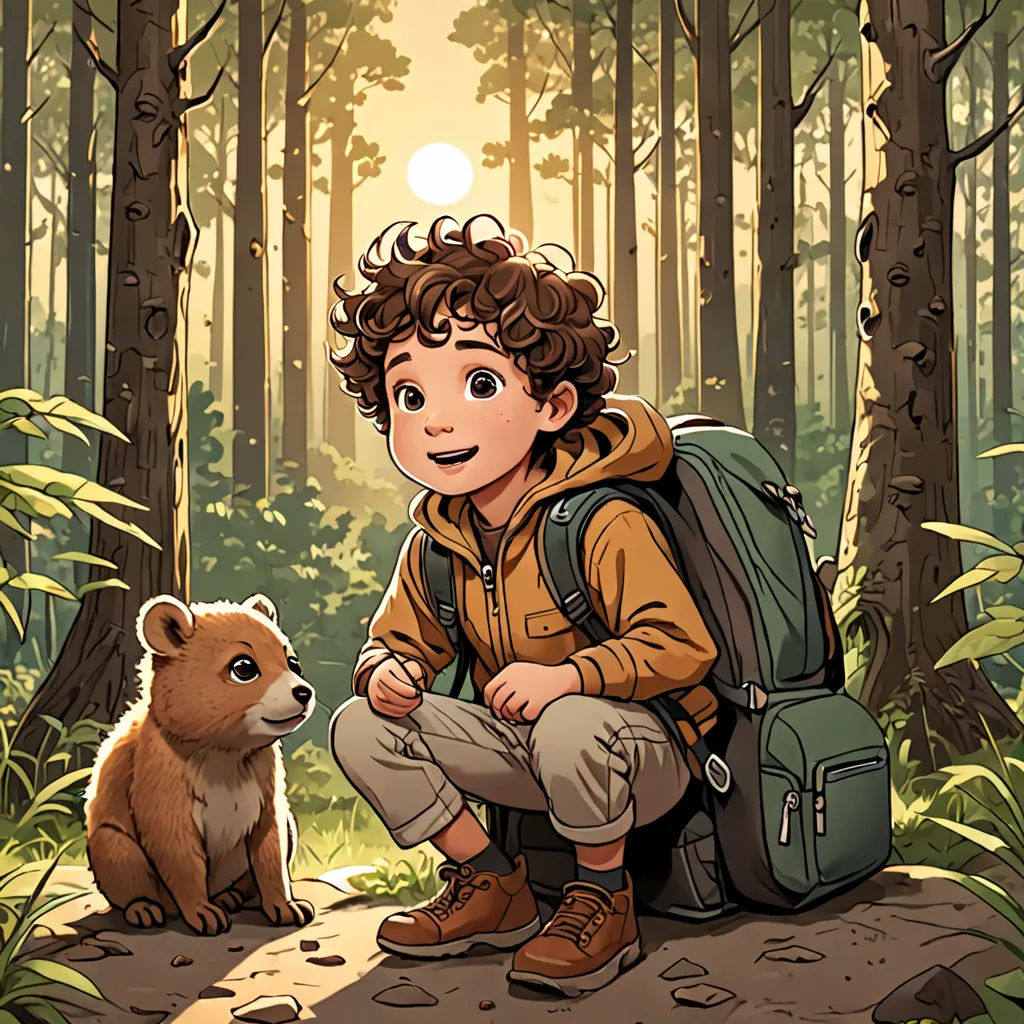 a boy with a backpack and a bear in the woods by a forest trail at sunset or sunrise time, process art, a storybook illustration, Diego Gisbert Llorens, official art