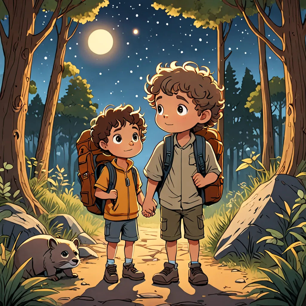 a boy and a boy with backpacks are standing in the woods at night with the moon shining above them, space art, a storybook illustration, Diego Gisbert Llorens, official art