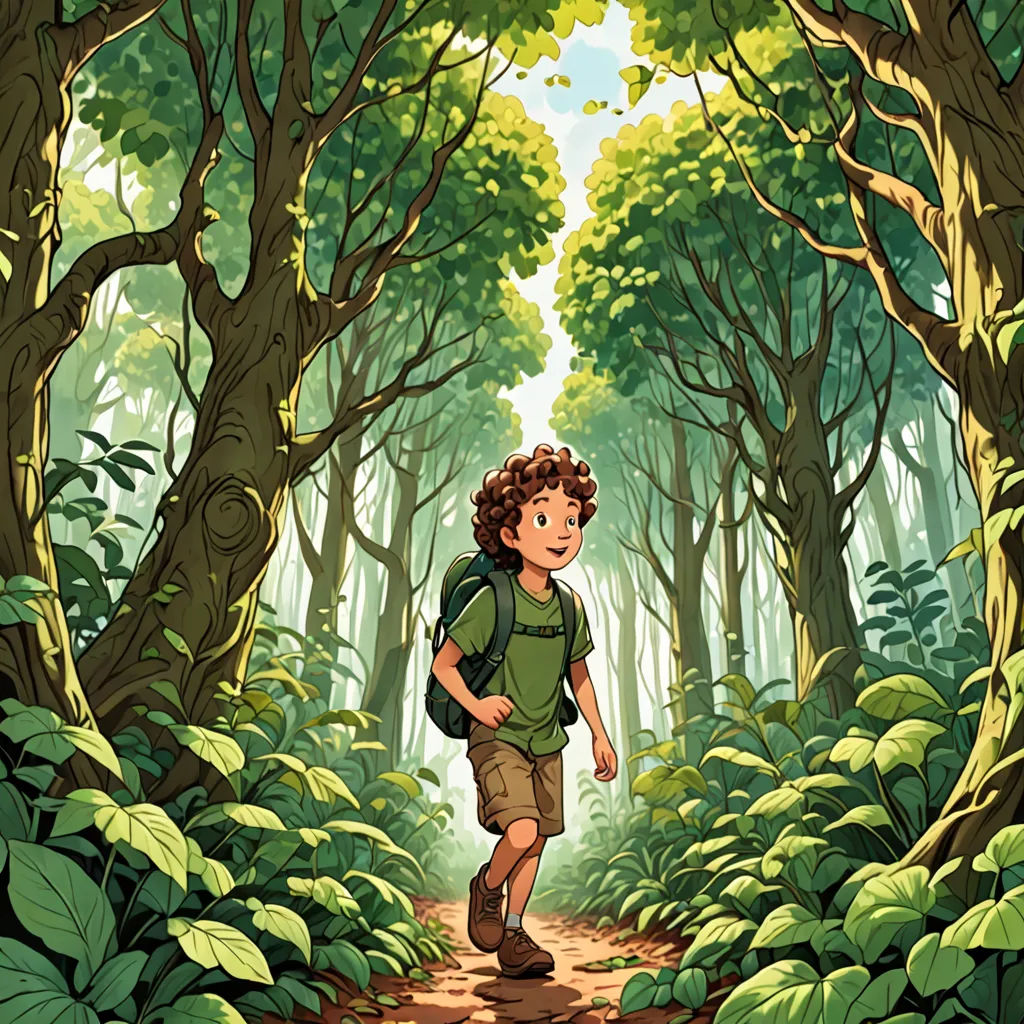 a boy is walking through a forest with a backpack on his back and a backpack on his shoulder,, environmental art, a storybook illustration, Diego Gisbert Llorens, rossdraws global illumination