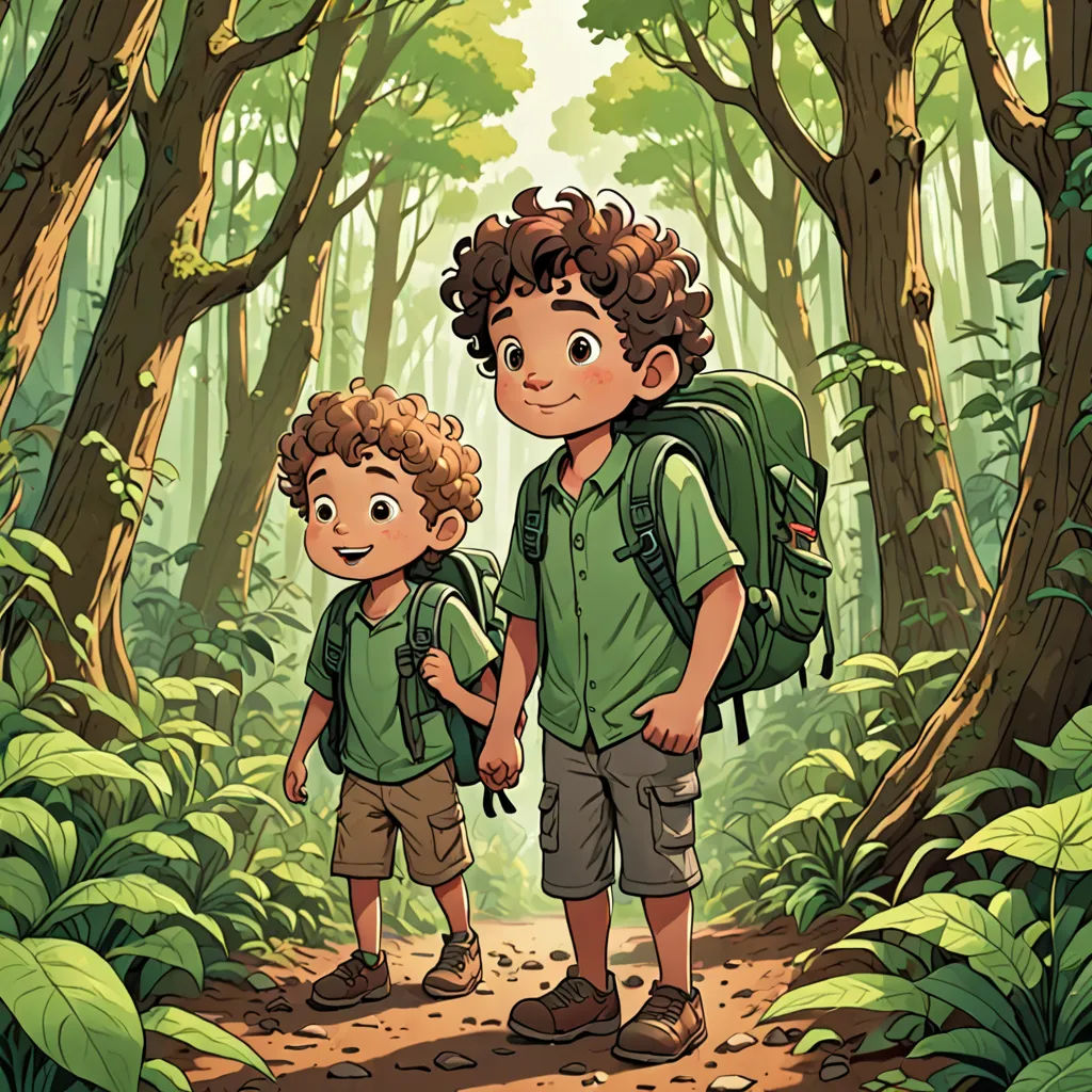 a boy and a boy with a backpack in the woods looking at each other and smiling at the camera, process art, a storybook illustration, Diego Gisbert Llorens, comic cover art