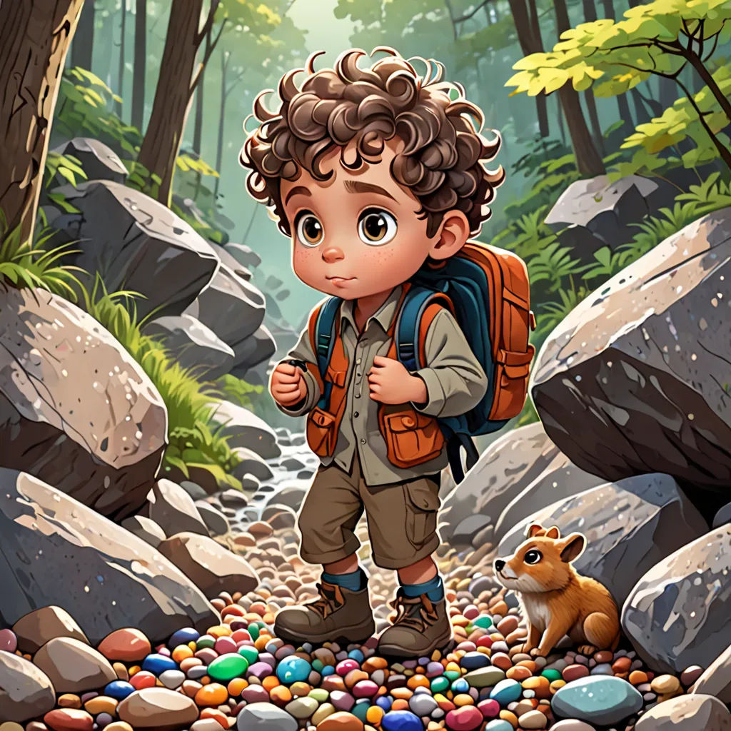 a boy with a backpack standing in a forest with a squirrel nearby on a rocky path with rocks and boulders, fantasy art, a character portrait, Chris LaBrooy, highly detailed digital painting